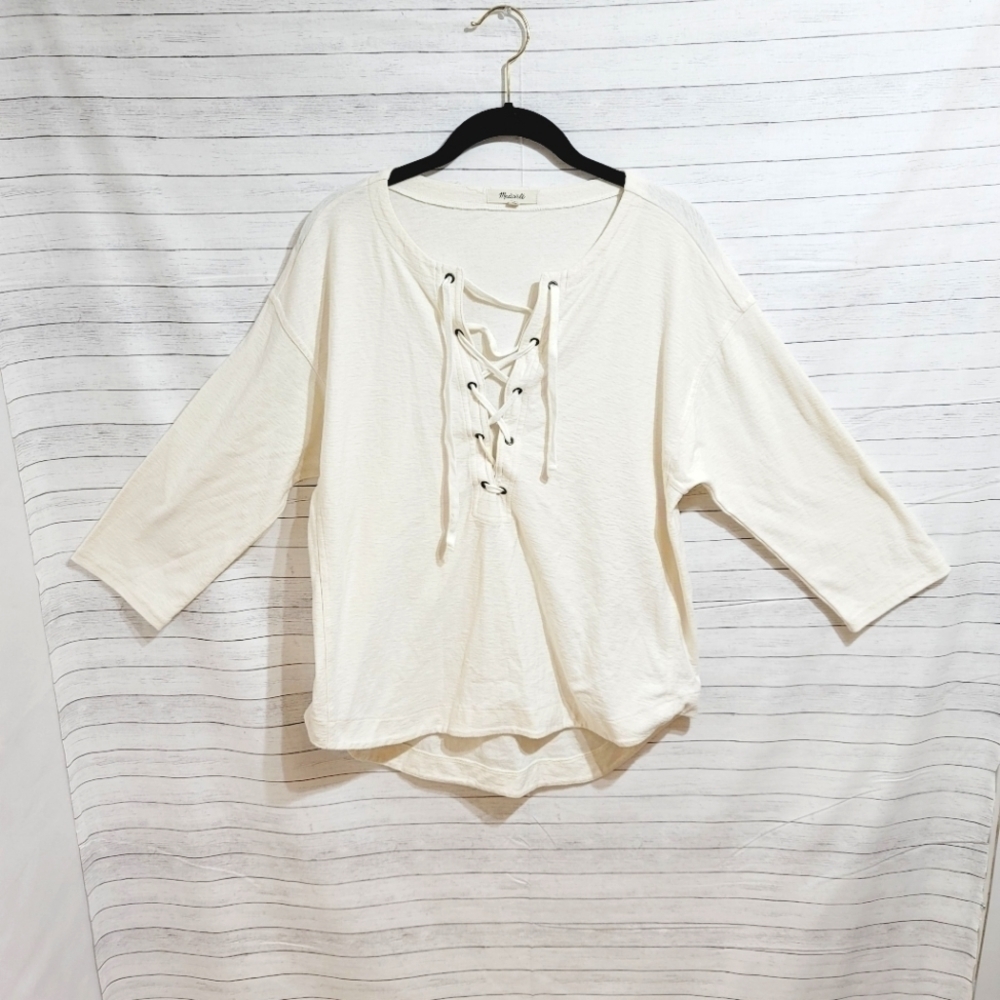 MADEWELL CROSS NECK TIE 3/4 SLEEVE CREAM HENLEY, SZ SMALL-EXCELLENT PRE OWNED!
